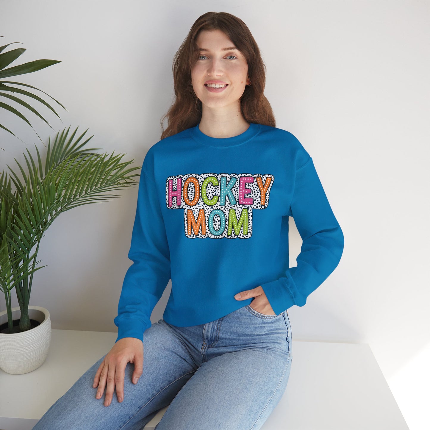 Colorful Dalmation Print Hockey Mom Crewneck Sweatshirt