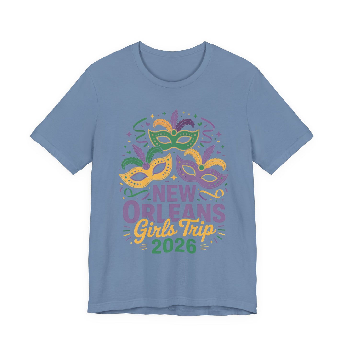 New Orleans Girl Trip 2026 T-Shirt — Mardi Gras Masks Bachelorette Tee