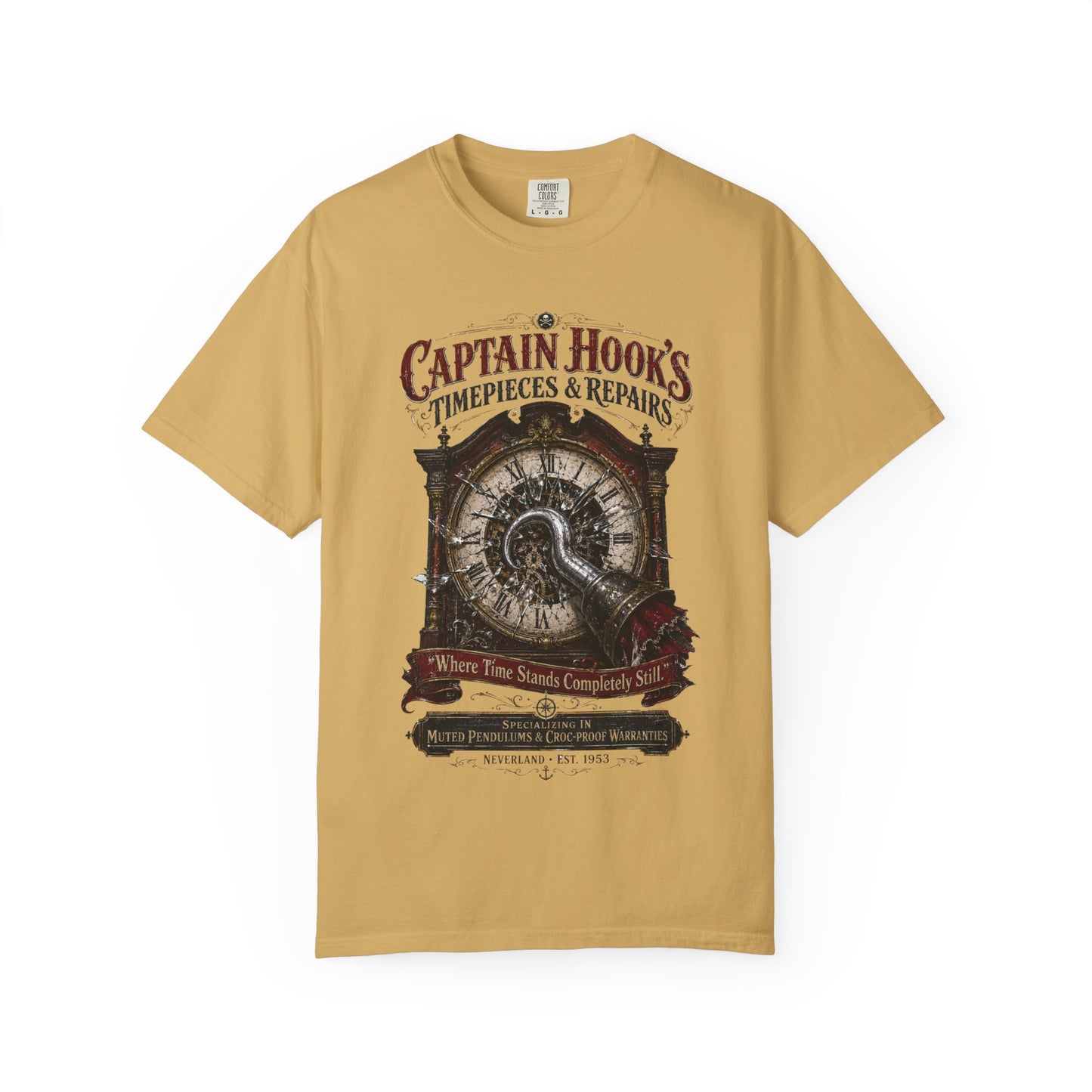 Captain Hook's Timepieces & Repairs Vintage Clock T-Shirt — Nautical Steampunk Repair Shop Tee
