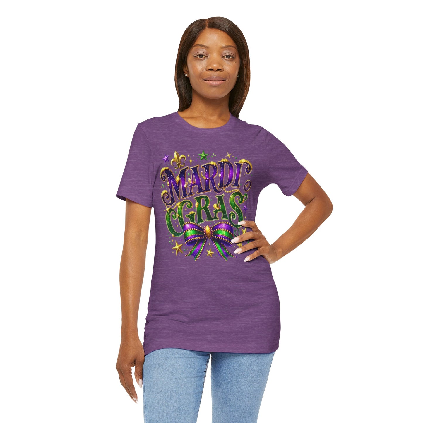 Mardi Gras Tee — Festive Purple, Green & Gold Carnival Shirt with Mask Bow