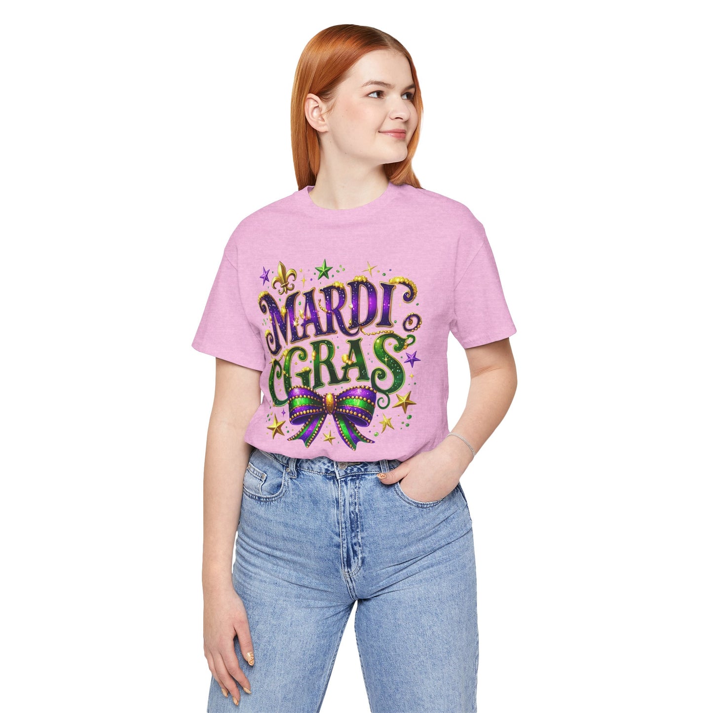 Mardi Gras Tee — Festive Purple, Green & Gold Carnival Shirt with Mask Bow