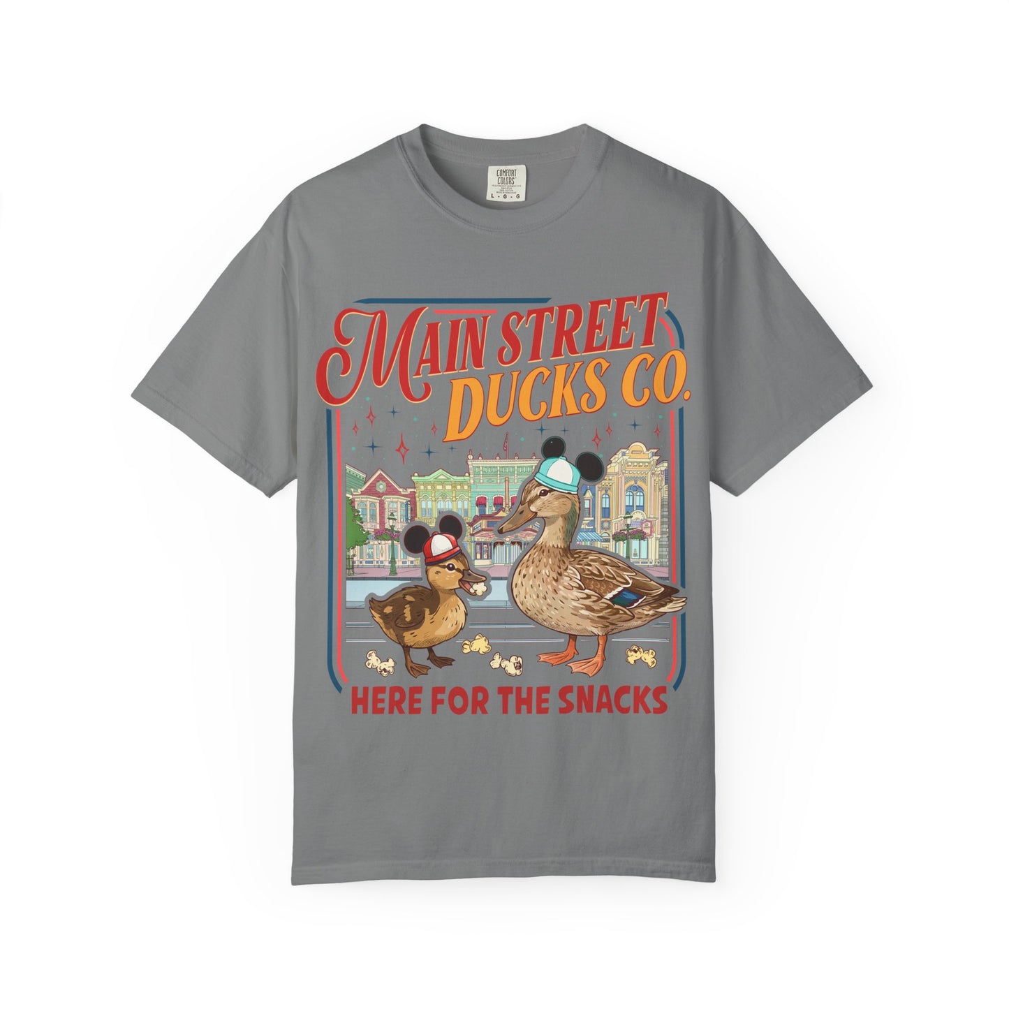 Main Street Ducks Co. T-Shirt — "Here for the Snacks" Vintage Duck Tee