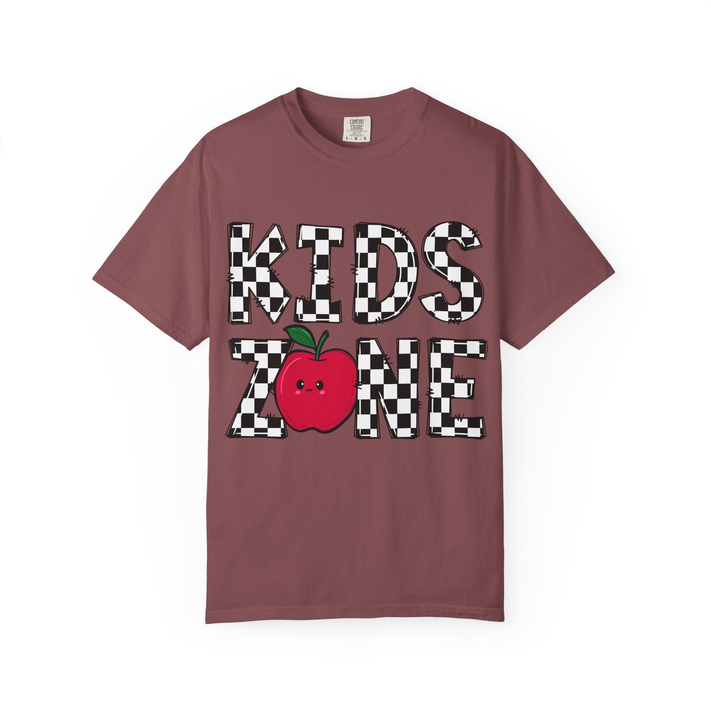 Kids Zone T-Shirt — Checkerboard Text with Cute Apple Graphic