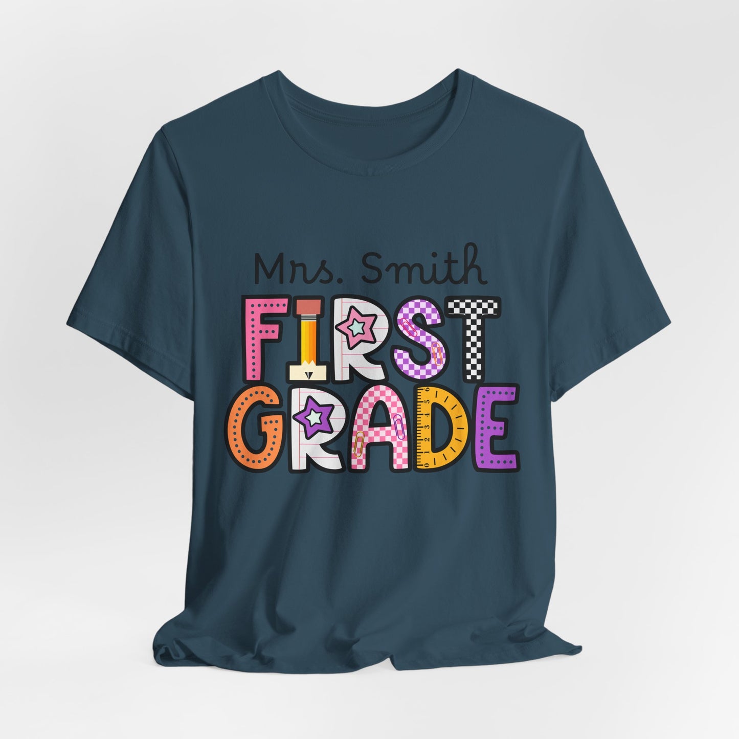 Personalized Colorful First Grade Teacher Graphic Tee