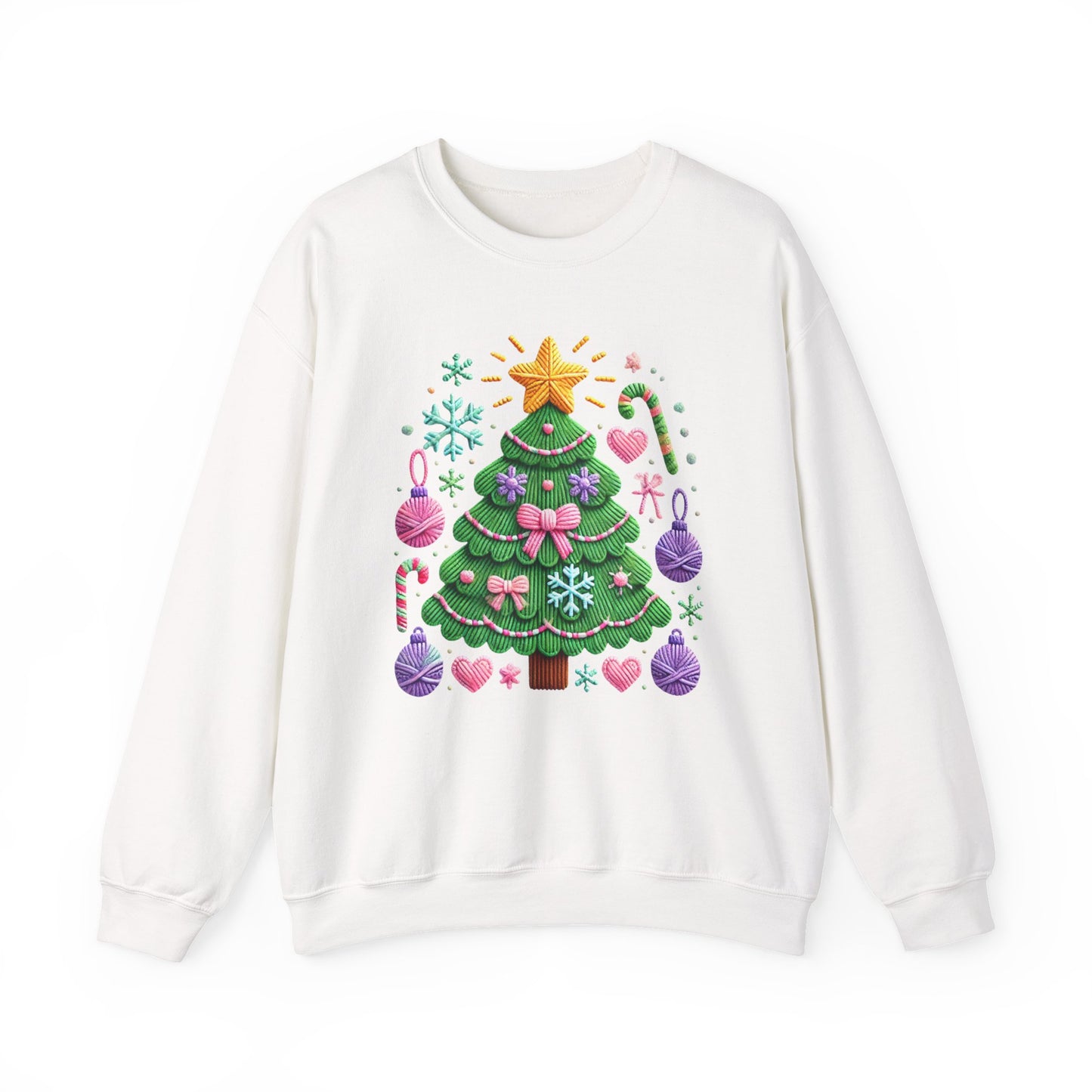 Cute Yarn Christmas Tree, Candy Cane & Ornaments Holiday Crewneck Sweatshirt