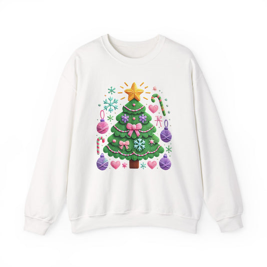 Cute Yarn Christmas Tree, Candy Cane & Ornaments Holiday Crewneck Sweatshirt