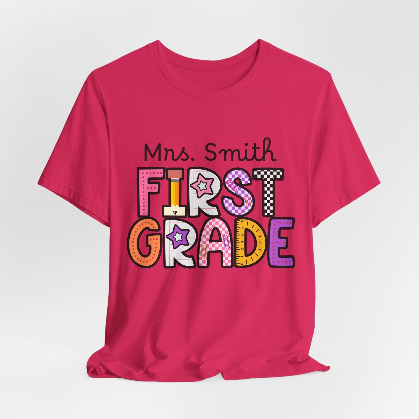 Personalized Colorful First Grade Teacher Graphic Tee