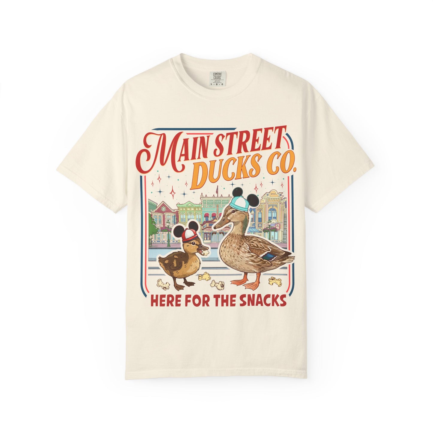 Main Street Ducks Co. T-Shirt — "Here for the Snacks" Vintage Duck Tee