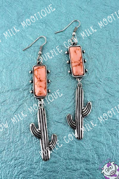 Burnished Silvertone Pink Cactus Earrings