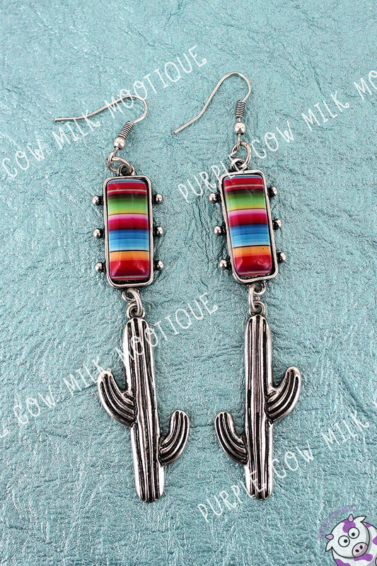 Burnished Silvertone Serape Cactus Earrings