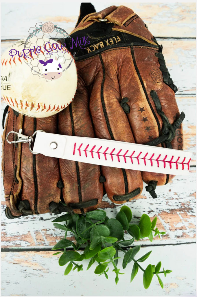 Baseball Stitched Faux Leather Wristlet Key Ring