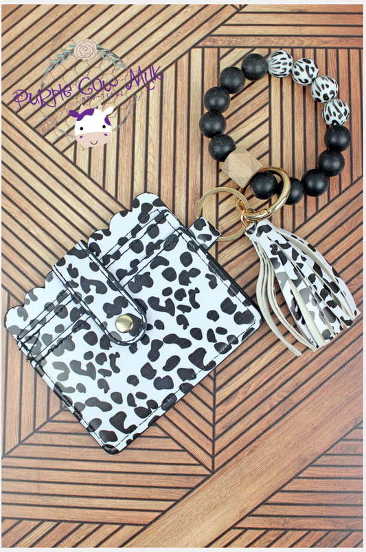 Cow Beaded Bracelet Keychain with ID Card Holder