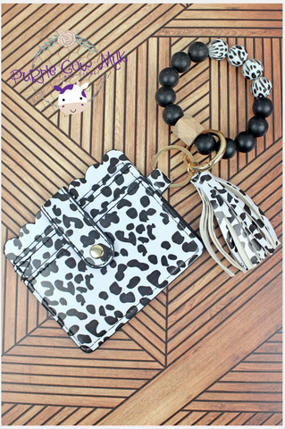 Cow Beaded Bracelet Keychain with ID Card Holder