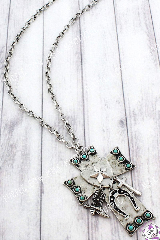 Burnished Silvertone Western Cross Necklace